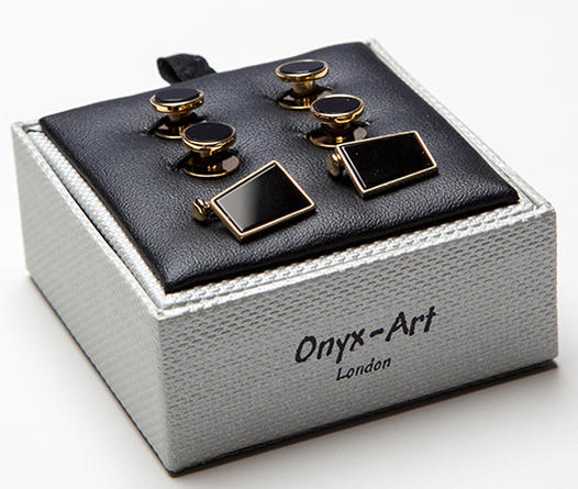 ★FORMAL　結婚式★フォーマルカフス&スタッドボタンのセットオニキス金箔角型スクウェアー黒ゴールド★ONYX_ART LONDON SC_05 ONYX GOLD PLATED DRESS Cufflinks on Chain RECT. & 4 studds in gift box・・❤｜イタリアの香りを！ＤＡＮＲＯＭＡ