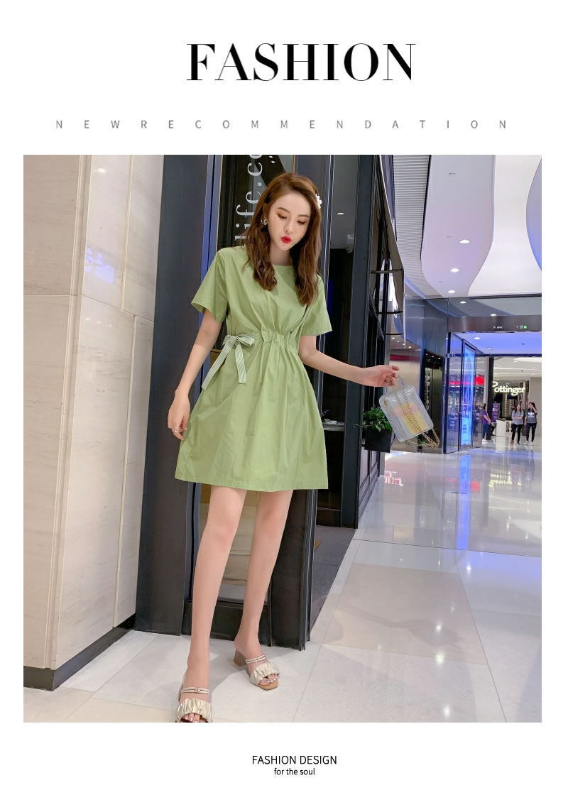 楽天市場 韓国 ファッション ワンピース 春 夏 ウエストリボン ペールトーン グリーン カーキ シンプル Aライン 半袖 ひざ丈 韓国服 レディース オルチャンファッション きれいめ ピスタチオカラー 韓国ファッション Shoowtime