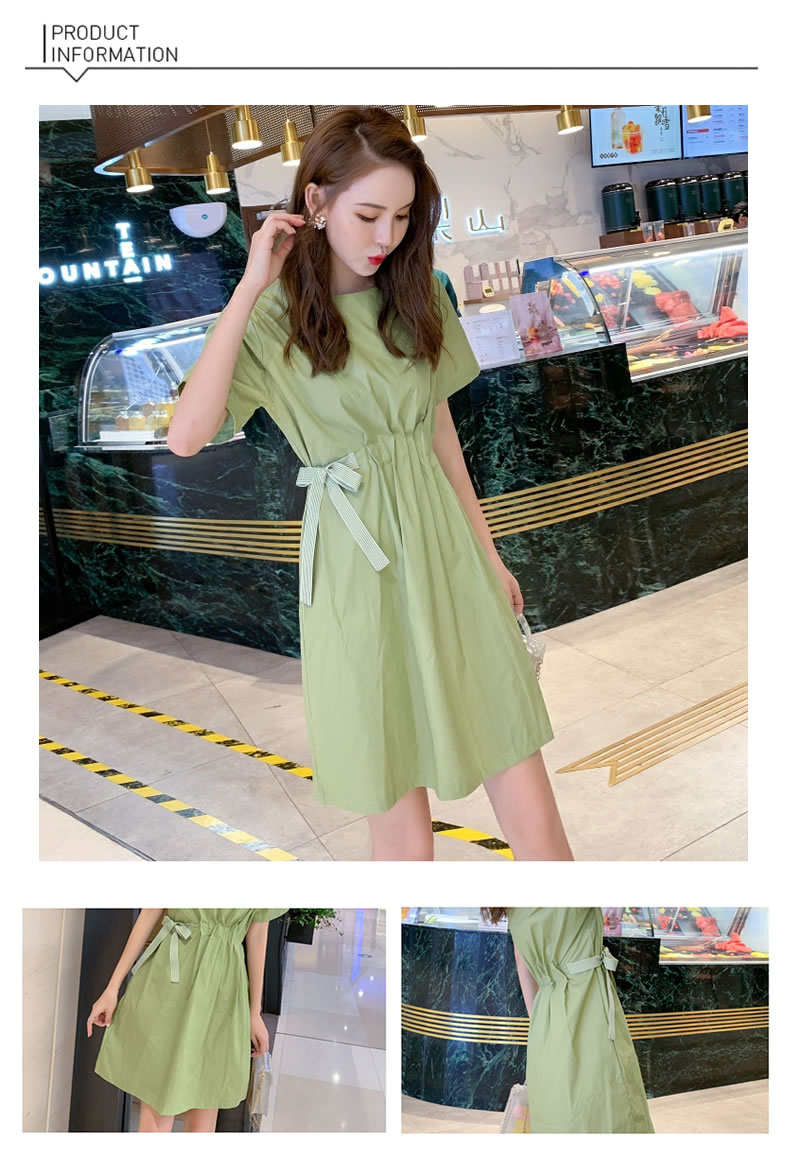 楽天市場 韓国 ファッション ワンピース 春 夏 ウエストリボン ペールトーン グリーン カーキ シンプル Aライン 半袖 ひざ丈 韓国服 レディース オルチャンファッション きれいめ ピスタチオカラー 韓国ファッション Shoowtime