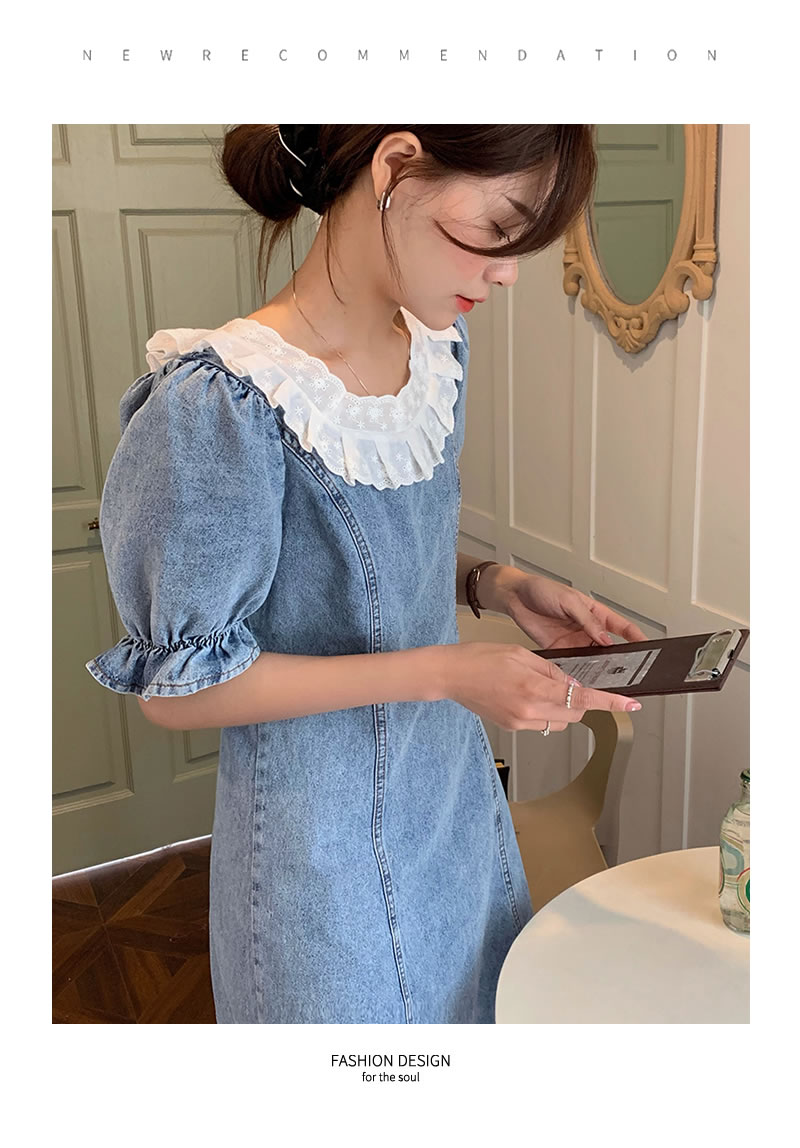 楽天市場 韓国 ファッション デニム ワンピース 半袖 レース スクエアネック ミニ丈ワンピ パフスリーブ おしゃれ かわいい レディース フレアスカート オルチャンファッション 韓国服 夏服 春服 韓国ファッション Shoowtime