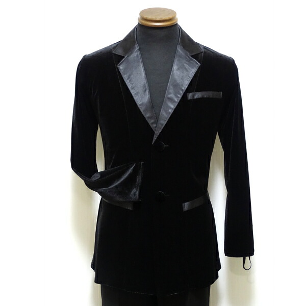 【人気!!】パピヨン ストレッチ ベロア タキシード No.4619-1 ブラック Mサイズ Lサイズ LLサイズ 社交ダンス男性衣装 競技 デモ モダン ラテン 兼用 サイズオーダー可 黒 かっこいい ダンス衣装 ラテンコスチューム モダン衣装 ストレッチ ジャケット シングル 襟サテン