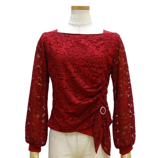 【新入荷】JOAN 柄レーストップス 11016-C Lサイズ ワインレッド 社交ダンス 衣装 レッスン 検定 シンプル レディーストップス 女性練習着 ボールルームダンス レッスンウエア Tシャツ カットソー 赤 花柄レース ストレッチ バックル付き 提灯袖 パフスリーブ｜ダンスショップグレース店