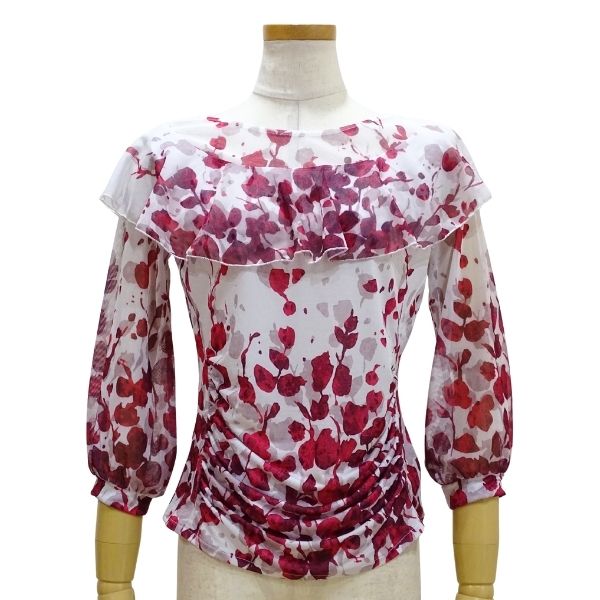【新入荷】JOAN お花刷り上げる フリルトップス 11025-A  M大いさ LL大いさ 白×サクラ色 人付き合い社交ダンス 習い事 寄り合い レディース お召しものフラウンス メッシュパフスリーブ 提燈袖 土手っ腹ギャザーで化けの皮 デコルテうつり変わり 透けあり スポーツ・アウトドア-社交ダンス-体操・ダンス