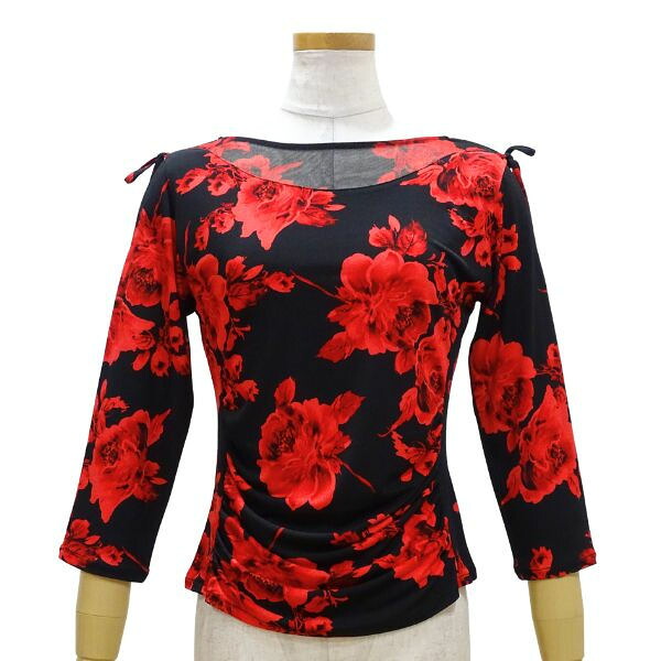 【新入荷】JOAN 肩スリット プリントトップス 11054-A Mサイズ レッド系 花柄 長袖 フラワープリント 社交ダンスウエア デコルテメッシュ ループリボン付き カットソー 黒 赤 レディーストップス 女性用練習着 パーティーウエア しなやかストレッチ｜ダンスショップグレース店