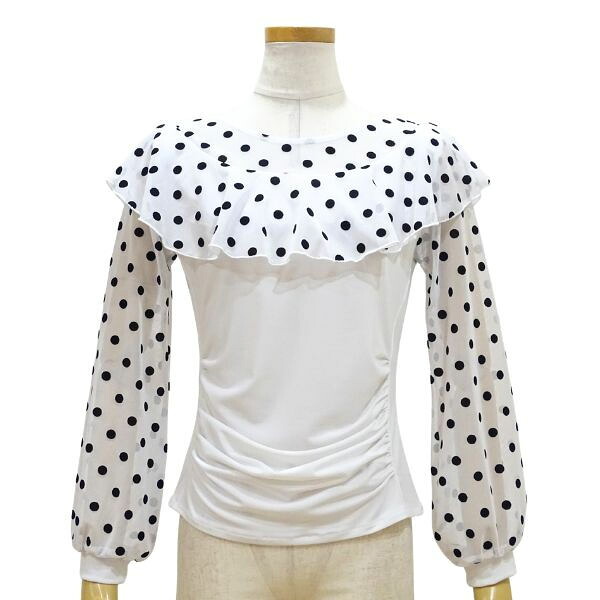 【新入荷】JOAN ドットプリント フリルトップス 12106-A Mサイズ Lサイズ ホワイト ブラック 白 黒 中水玉柄 社交ダンス レッスン パーティー レディース 衣装フリル メッシュパフスリーブ 提灯袖 下腹部ギャザーでカモフラージュ デコルテ切り替え 透けあり｜ダンスショップグレース店
