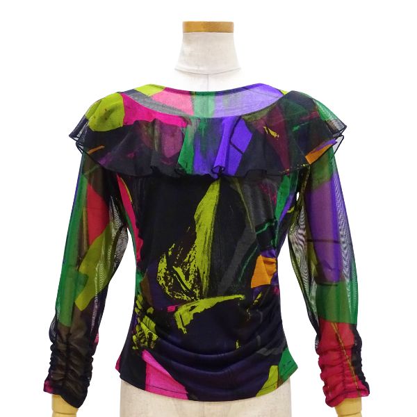 【新入荷】JOAN プリント フリルトップス 12109-A Lサイズ LLサイズ ブラック パープル 社交ダンス レッスン パーティー レディース 衣装フリル メッシュパフスリーブ 提灯袖 下腹部ギャザーでカモフラージュ デコルテ切り替え 透けあり
