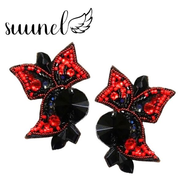 【ハンドメイド】イヤリング SK001 レッド×ブラック ミックス 社交ダンス アクセサリー 競技 パーティー 舞台 カラオケ ステージ ダンスアクセ モダン ラテン パソ タンゴ 中間サイズ キラキラ 輝く 軽量 国産ガラスビーズ 赤 黒