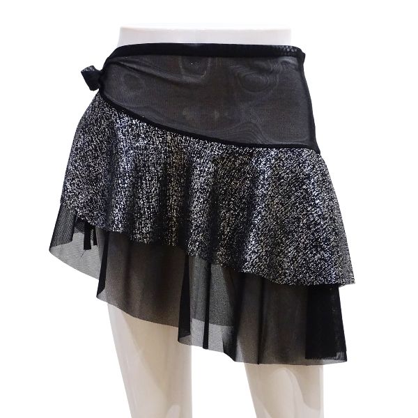 【新入荷】MAX 巻き メッシュオーバースカート 11-33220B M-L ブラック シルバー キラキラ箔プリント 社交ダンス衣装 パンツと重ねて レッスン 体型カバー 黒 銀 ストレッチメッシュ結ぶタイプ 華やか