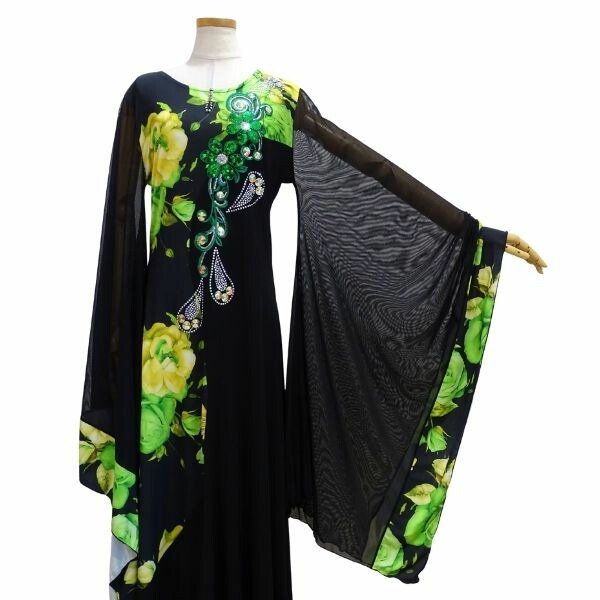 【新入荷】MAX フラワープリントステージドレス44-1168 M-Lサイズ 黒×緑 着物袖 スパンコール ストーンデコレーション カラオケ衣装 ステージ衣装 舞台 パーティー ストレッチ 演奏会 発表会 ワンピース ドレス 映えドレス 華やか インパクト ゆったりサイズ