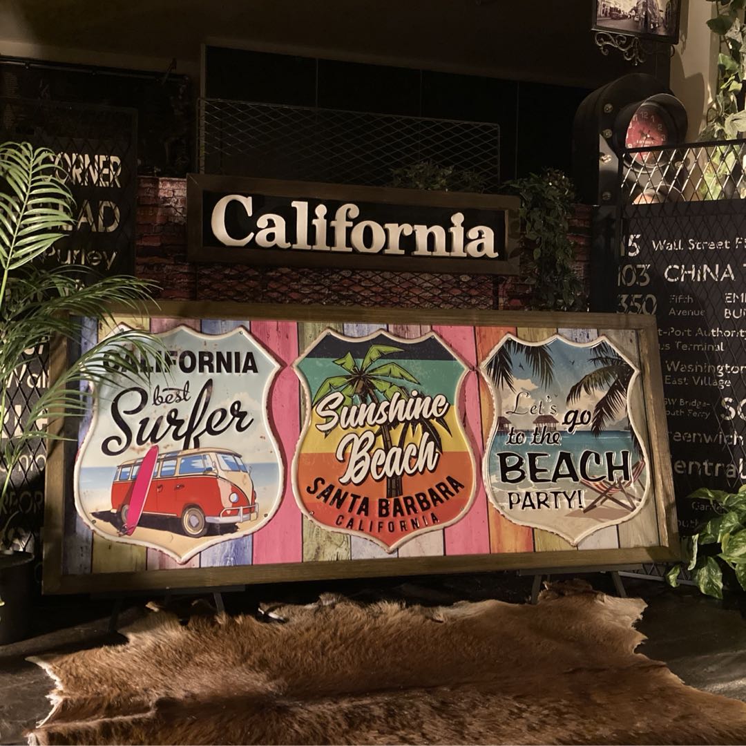 CALIFORNIA VINTAGE ROUTE66!! 3連メタルアートパネル!! 男前インテリア カリフォルニア パームツリー アートパネル California 西海岸スタイル 夜景アート アメリカンノスタルジー ウエストコーストインテリア 店舗什器 店舗展示品 DandyLifeSpace