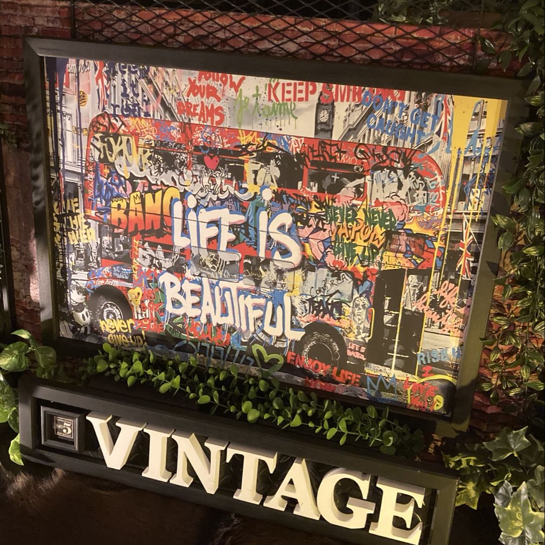 ｢LIFE IS BEAUTIFUL｣Type.Bキャンバス製ポップアートパネル 男前インテリア アメリカンビンテージ カフェインテリア アメリカンカジュアル 店舗什器 店舗装飾 VINTAGE アートパネル アメカジ GARAGE ポップアート アーリーアメリカン DandyLifeSpace