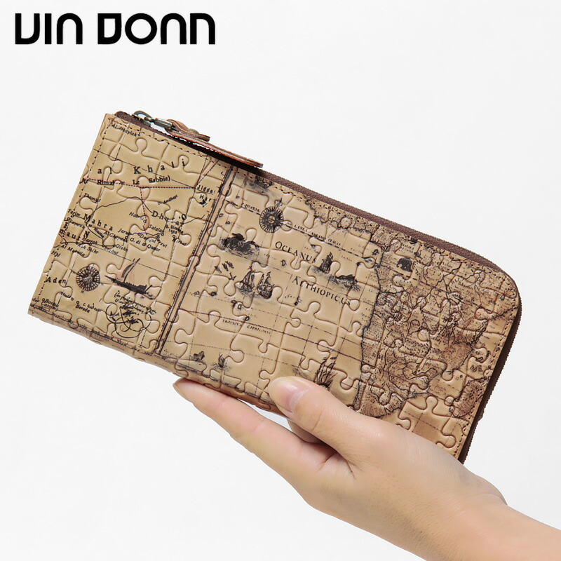 【クーポン】ヴィアドアン 財布 VIA DOAN 長財布 L字ファスナー パズル型押し 薄い スリム 本革 レトロ調 世界地図 レディース メンズ MAP マップ 365 ★