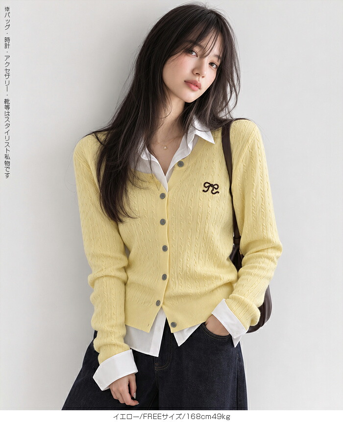 34%OFF【期間限定：4,390円→2,890円！】 カーディガン レディース ニットカーディガン ケーブルニット リボン刺繍 長袖 クルーネック 前開き コンパクト ニット トップス 羽織り ケーブル編み ワンポイント 大人可愛い 【リボン刺繍ケーブルニットカーディガン】