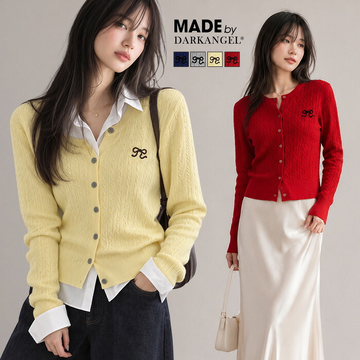 34%OFF【期間限定：4,390円→2,890円！】 カーディガン レディース ニットカーディガン ケーブルニット リボン刺繍 長袖 クルーネック 前開き コンパクト ニット トップス 羽織り ケーブル編み ワンポイント 大人可愛い 【リボン刺繍ケーブルニットカーディガン】