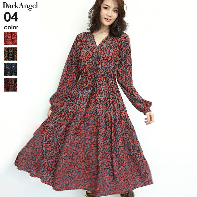 楽天市場 花柄ワンピース 長袖 Vネック ワンピース 花柄 ティアード ロングワンピース ウエストゴム ミモレ丈 きれいめ ロング レディース 黒 赤 レトロ 小花柄ティアードワンピース 春 新作 年1月新作 Darkangel ダークエンジェル Dark Angel ダーク