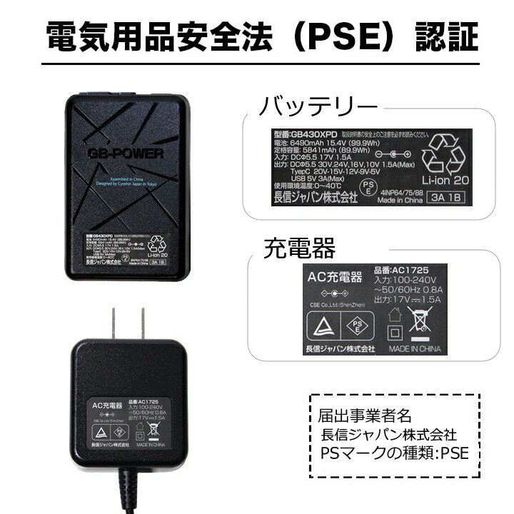 【即日発送】空調服用（30V専用バッテリーセット）長信ジャパンGB-POWERGB430XPDバッテリーExtremeエクストリームバッテリー数量限定簡易防水リチウムポリマー電池PC充電可能15か月保証ファン付きウェア対応EFウェア急速充電熱中症対策