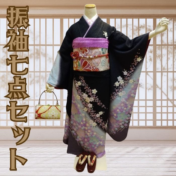 【貨物輸送無料】振袖７点仕掛ける 正絹 黒地百花文様 京友禅 お仕立てもの売り上げ金 ふっくらさん相応う 低周波215set