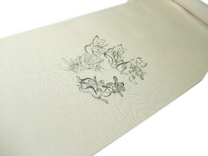 【貨物輸送無料】新品！正絹塩瀬名古屋帯◆手描京友禅－猫のダンス楽隊◆na331