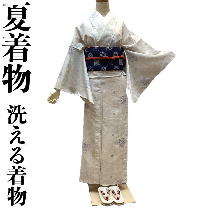洗える夏着物 小紋 駒絽 モダン柄 手縫い 紫色系と夏帯(名古屋帯