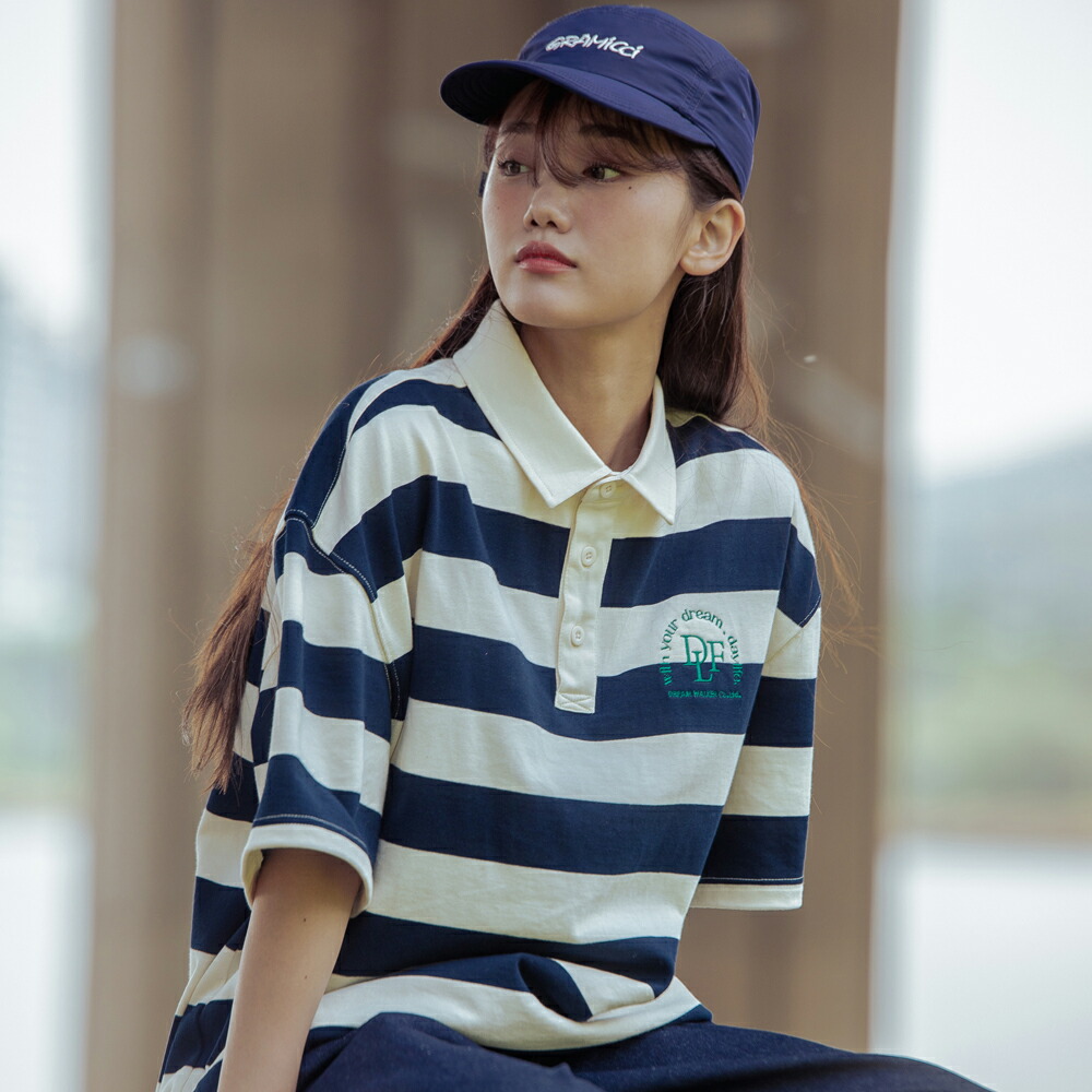 [TILLIDIE] 韓国ブランド★ストライプグリーンTシャツ(navy) 