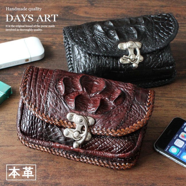 ラッピング無料 デイズアート Daysart レザーポーチ スマホケース メンズ レディース ユニセックス 本革 本物ワニ革 横型 パッチワーク ランダムステッチ ベルトループ ハンドメイド ブラック ダークブラウン 母の日 あす楽 Hd Lo004 革財布 シルバー専門