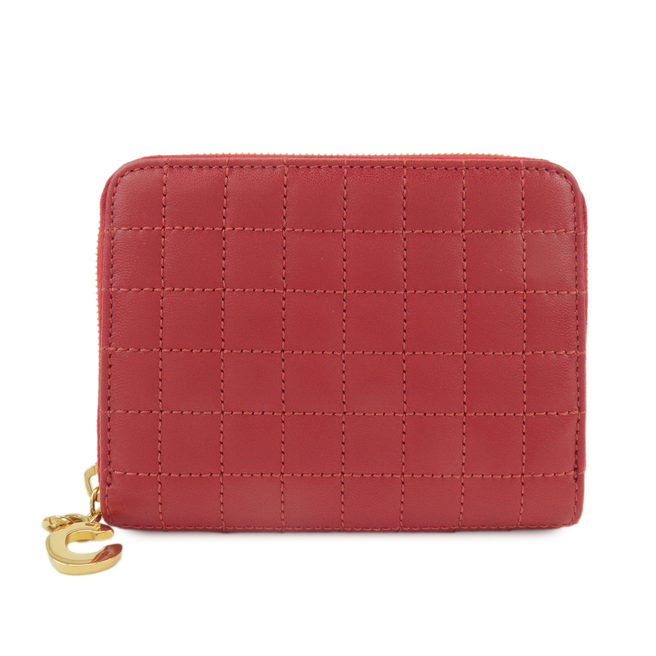 CELINE セリーヌ コンパクトウォレット ジッピーウォレット 財布 小銭入れ レザー Cチャーム 赤 レッド【中古】【超美品】【送料無料】【返品可】