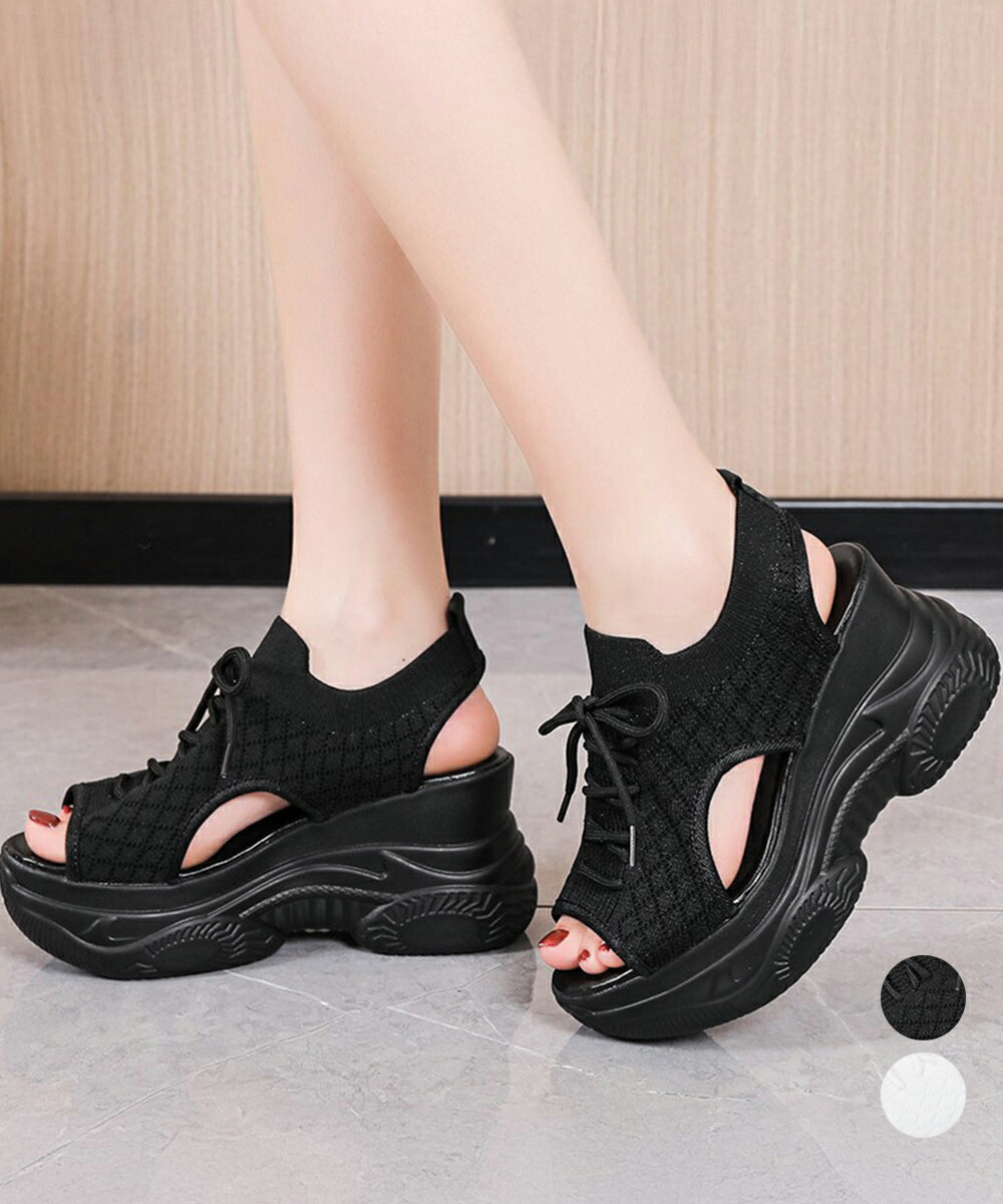 厚底ニットサンダル スポーツサンダル 夏 ボリュームソールサンダル レースアップ靴 歩きやすい痛くないスタイルアップ 韓国風サマーシューズオープントゥ 通気性軽量 miniministore 86JIANL-058画像