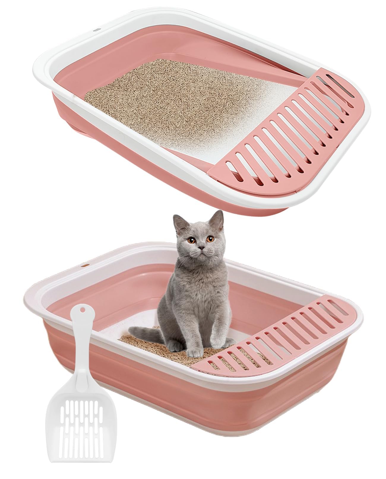 折りたたみ式小型猫用トイレボックス 子猫用 オープントイレパン 折りたたみ式猫用トイレ スクープ付き シニアキティ 旅行 浅いトイレボックス 飛沫 防水 小型猫用|神秘の館