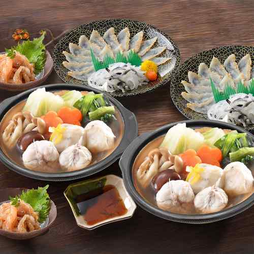 下関 関とら本店 ふぐ フグ 河豚 ふくたたき刺身 ふく個食鍋 セット 真ふぐ寄せ鍋 300g&times;2 真ふぐたたき 20g&times;2 とらふぐ皮 20g&times;2 とらふぐ塩辛 60g&times;2 てっちり てっさ 鍋セット 鍋 レンジで簡単 電子レンジ 時短｜DISM ＆ Co.