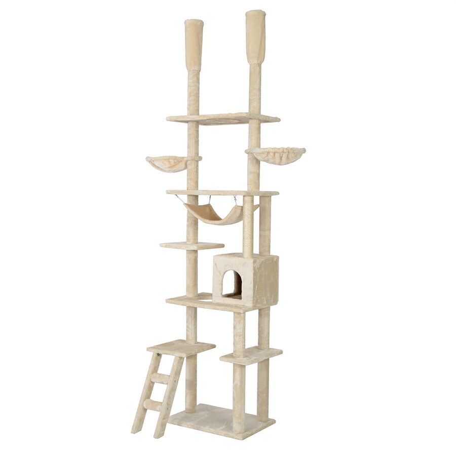 【15%OFF★マラソン×倍ポイント】キャットタワー 突っ張り　全高235-258cm 　ハンモク　ベージュ【ベージュ】