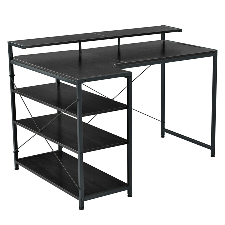 【ラスト1日★15%OFF+倍P】【人気商品改良タイプ】【ブラック】パソコンデスク L字 120cm 3段ラック付 ハイデスク付き デスク木製 ミシン台 書斎机 勉強机