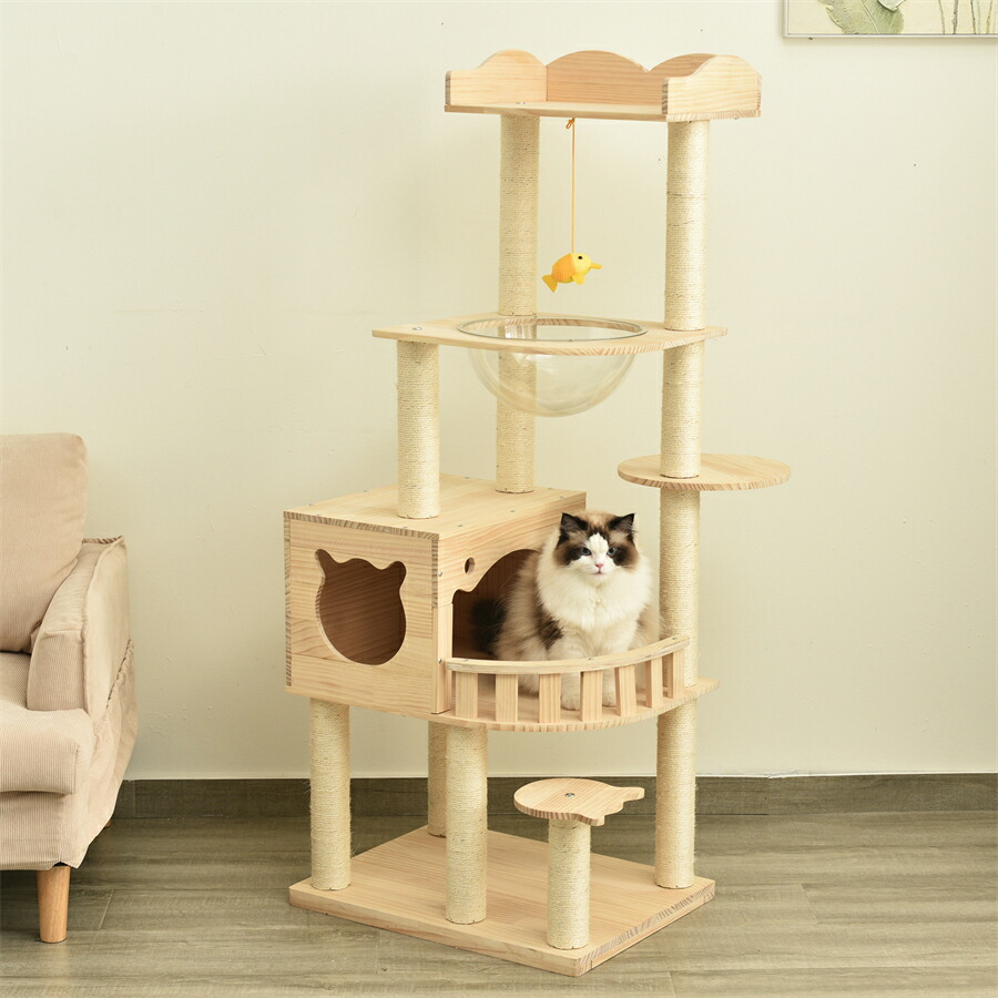 【15%OFF★マラソン×倍ポイント】キャットタワー 木製 天然木 据え置き 宇宙船付き 猫タワー 展望台 隠れ家 季節問わず 階段 機能満載 爪とぎ 多頭飼い 安定感抜群 頑丈 省スペース 猫ハウス 上りやすい クリアボウル キャットポール 据え置き型
