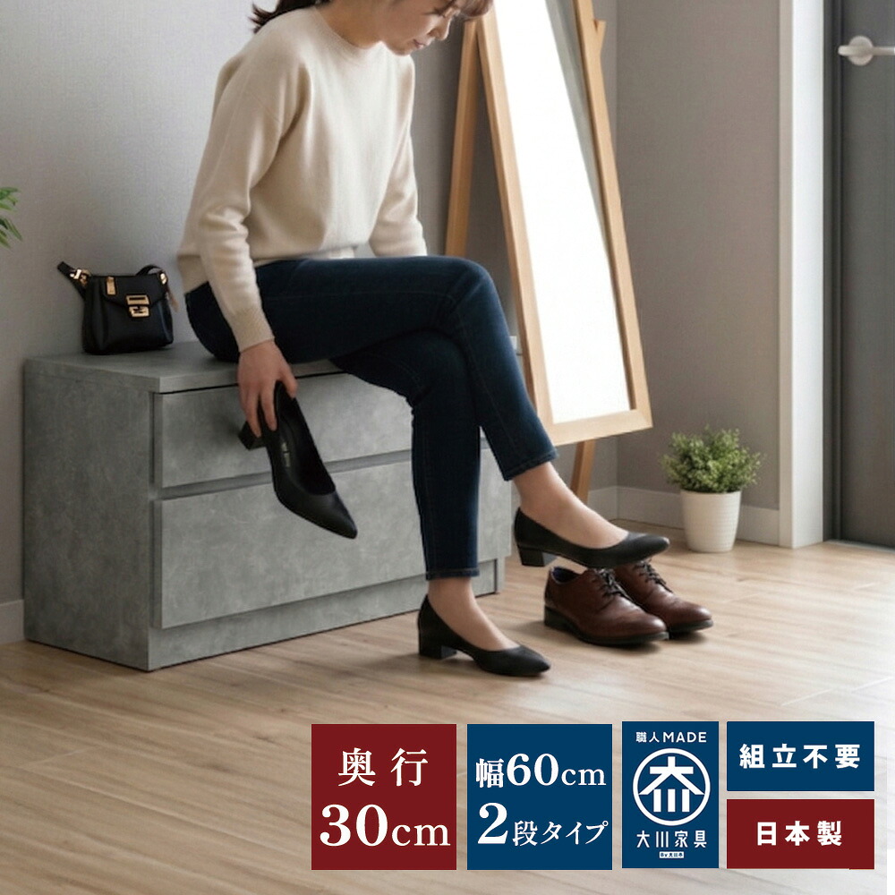 奥行30 ベンチ 収納 木製 2段 | 幅60cm ベンチ収納 テレビ台 完成品 日本製 【 座れる 収納チェスト 玄関 スリム ベンチ 大川家具 ベンチチェスト 子供部屋 子供収納 こども スリム リビング収納 収納 ホワイト ブラック グレー