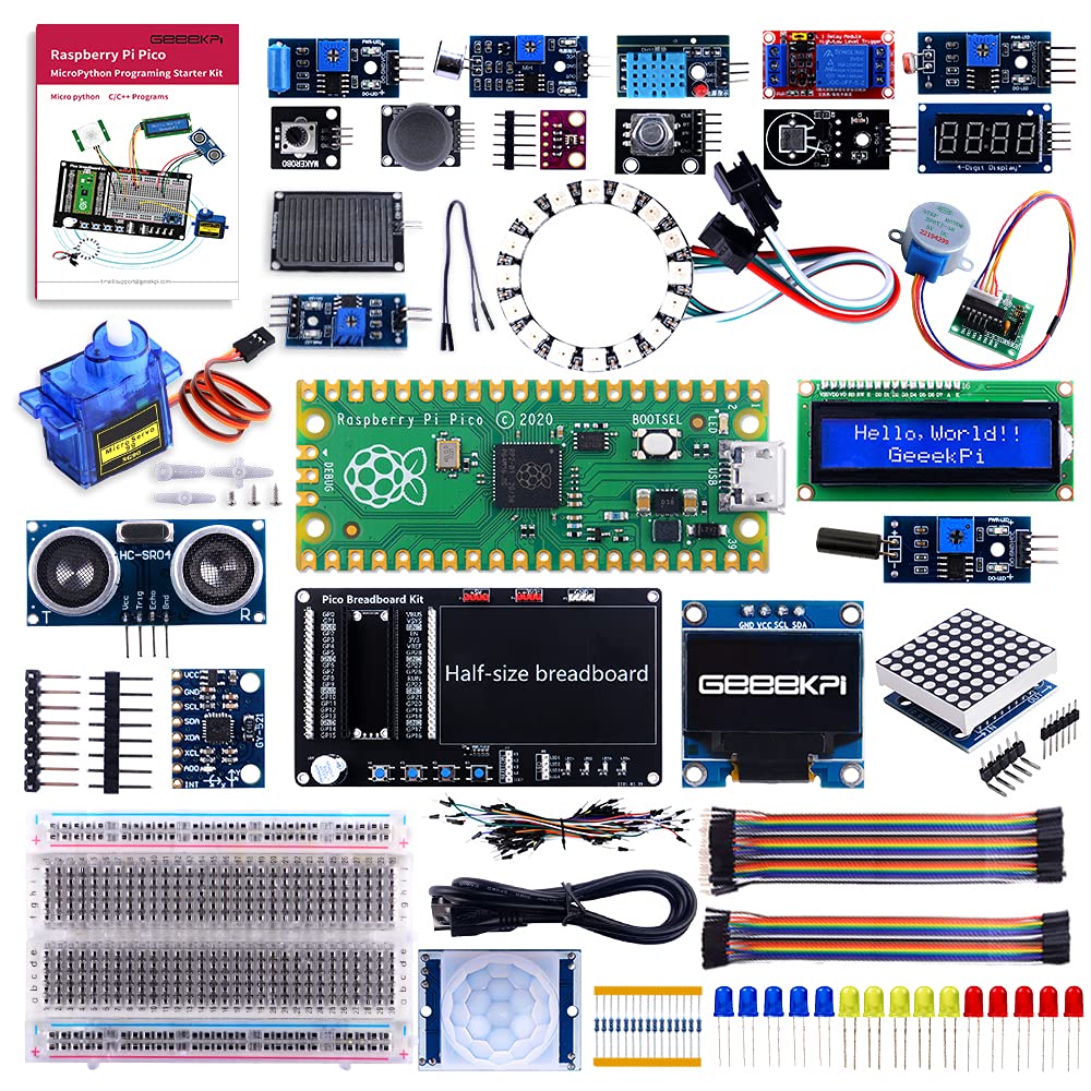 GeeekPi Raspberry Pi Pico Micro Pythonプログラミングセンサーキット、プログラミングおよび電子作業のワンストップ学習のマニュアル、I2C 1602 LCDディスプレイモジュール、MAX7219 8x32ドットマトリックス、Raspberry Pi Pico初心者およびソフトウェアエンジニアのワ画像