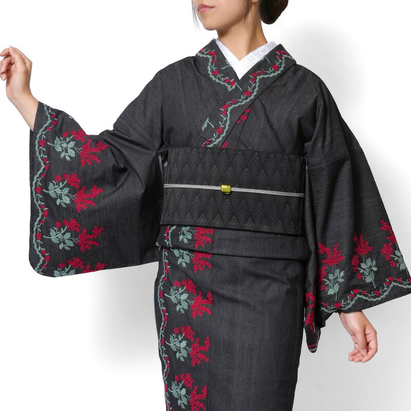【MAX10000円OFFクーポン】デニム着物 刺繍 グレー 黒 赤 小花 レース リファインデニム ストレッチ 単衣 仕立て上がり 洗える エキゾチック カッコイイ 日本製 女性用 レディース