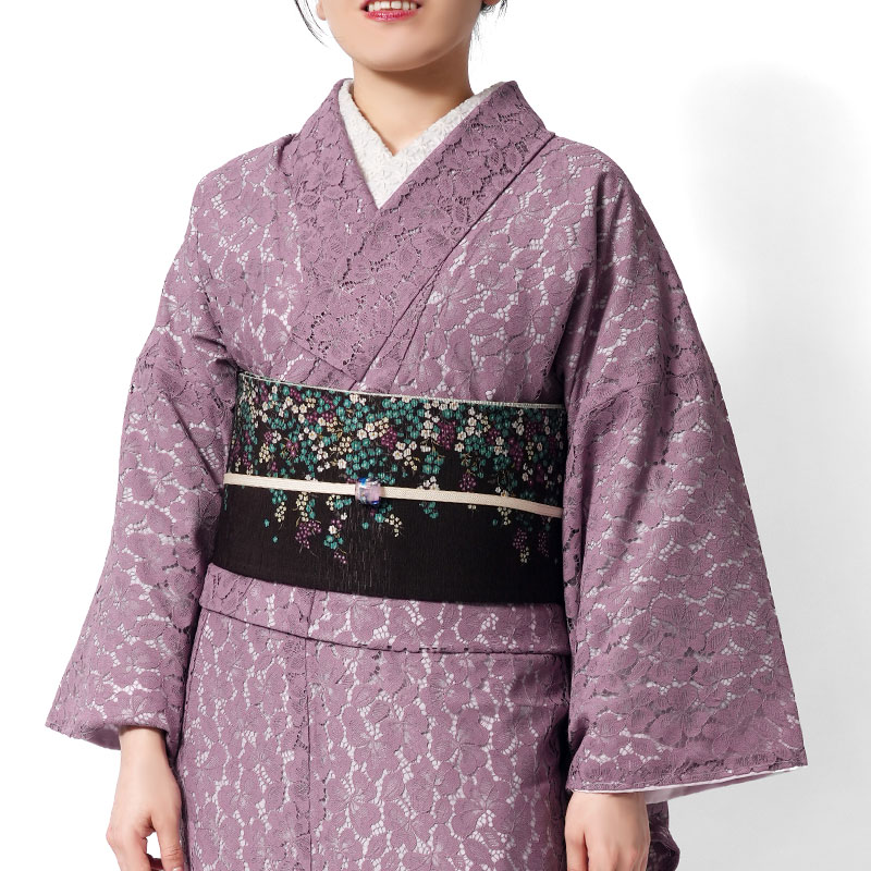 【15%OFFクーポン】レース着物 袷 ローズピンク パープル くすみピンク 三つ葉 ボタニカル モダン エレガント フェミニン 総レース 単品 プレタ 和装 仕立て上がり