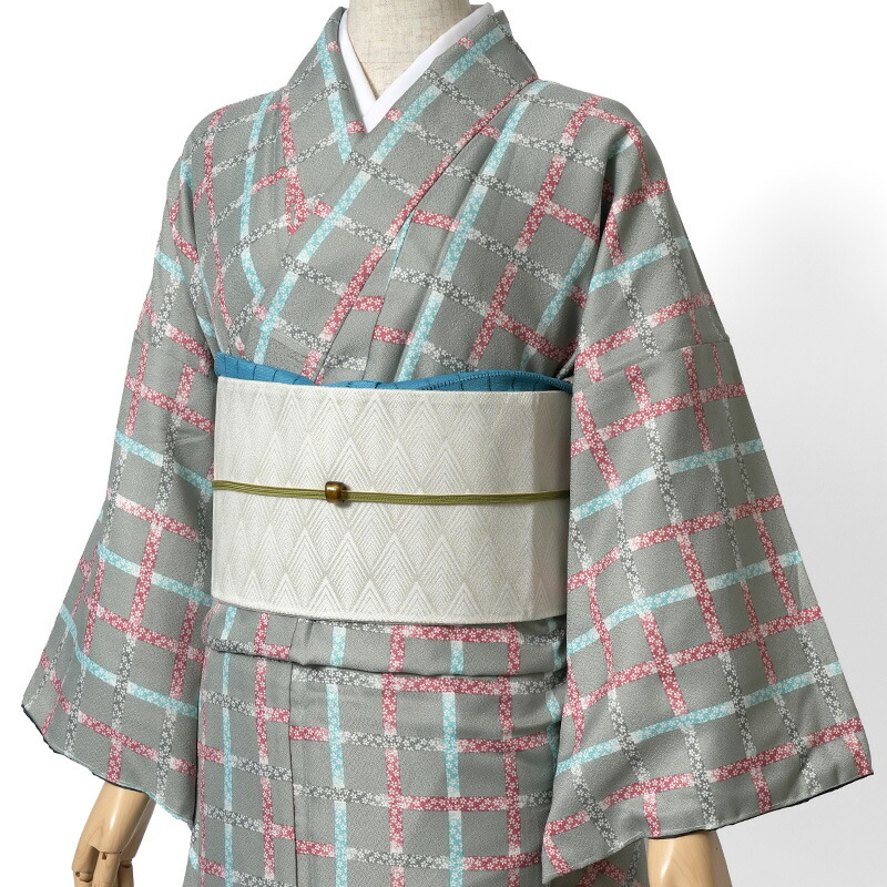 着物 袷 洗える グレー 格子 桜 シック モダン 仕立て上がり 単品 カジュアル レディース ポリエステル