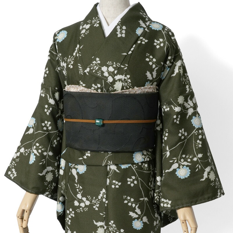 着物 袷 洗える カーキ 緑 花 シック モダン 仕立て上がり 単品 カジュアル レディース ポリエステル
