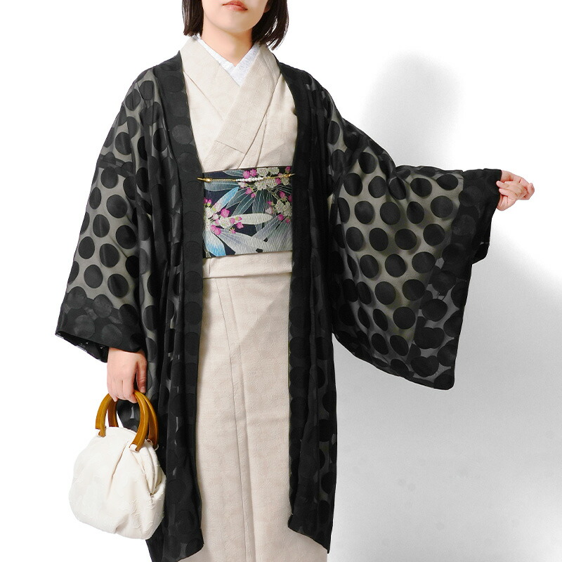 【15%OFFクーポン】薄羽織 コインドット 朱子織り 黒 シック モダン 水玉 サテン シースルー 和装 薄物 夏 春 秋 長羽織