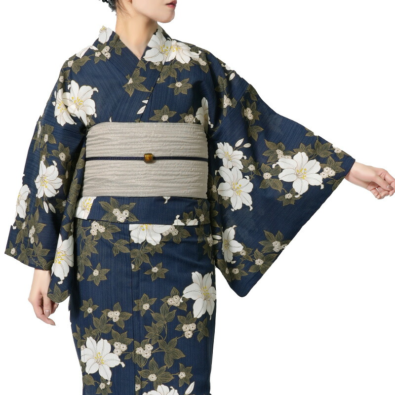 【MAX3000円OFFクーポン】浴衣 鉄線花 紺 ネイビー ポリエステル アイロンレス 古典柄 レディース レトロ モダン 上品 女性用 仕立上がり 単品 30代 40代 50代 djom