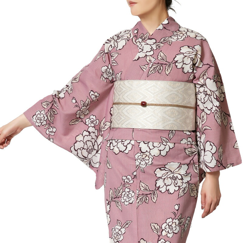 【30%OFFクーポン対象】浴衣 くすみピンクに牡丹 花 ポリエステル アイロンレス 古典柄 レディース レトロ モダン 上品 女性用 仕立上がり 単品 30代 40代 50代 djom|dear-japan 店