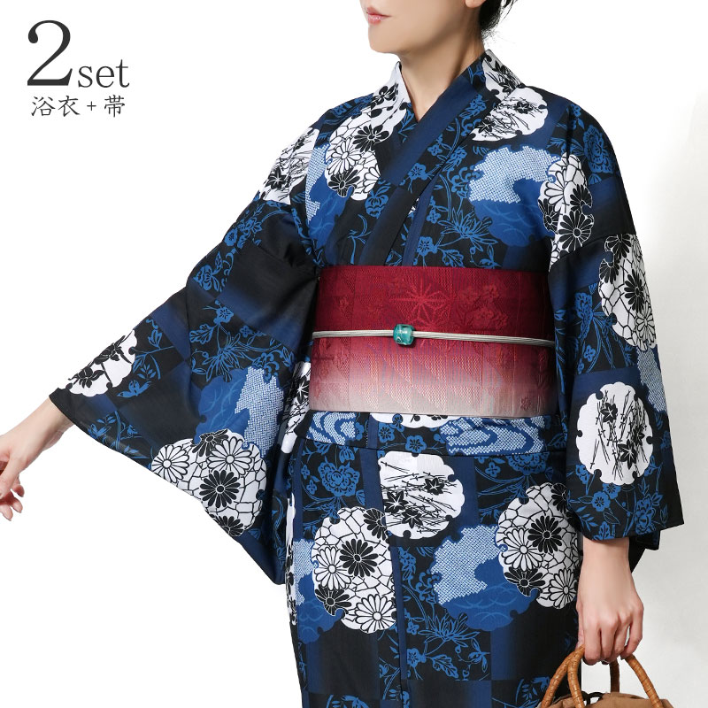 浴衣セット 2点セット 花丸紋 雪輪 紺 半幅帯 アイロンレス 濃色 ポリエステル 古典柄 レディース レトロ モダン シック エレガント 上品 女性用 仕立上がり 20代 30代 40代 50代 djow