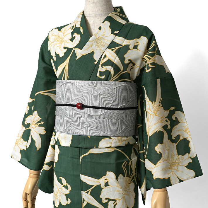 【7%OFFクーポン】撫松庵 アウトラインリリー 緑 花 百合 セオアルファ 単衣 夏着物 浴衣 仕立て上がり 単品 レディース 女性用 エレガント シック レトロ モダン 30代 40代 50代|dear-japan 店