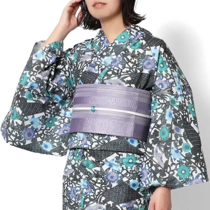 【MAX3000円OFFクーポン】浴衣 紅型風 きれどり 花唐草 幾何学模様 黒 緑 青 紫 古典柄 レディース 仕立上がり 単品 兵児帯 浴衣セット