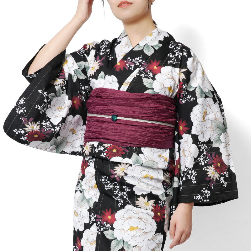 【MAX10000円OFFクーポン】浴衣 牡丹 菊 黒 白 赤 レトロ モダン レディース 仕立上がり 単品 兵児帯 浴衣セット