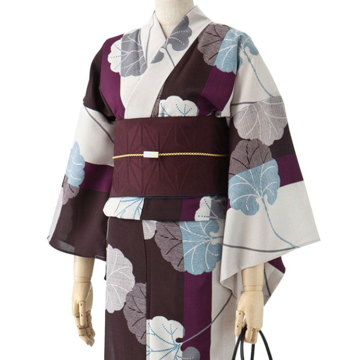 【10%OFFクーポン対象】≪倉庫≫撫松庵 縞に蕗 紫 ブラウン セオアルファ 単衣 夏着物 浴衣 仕立て上がり 単品 レディース 女性用 カッコイイ 個性的 上品 レトロ モダン 30代 40代 50代｜dear-japan 店