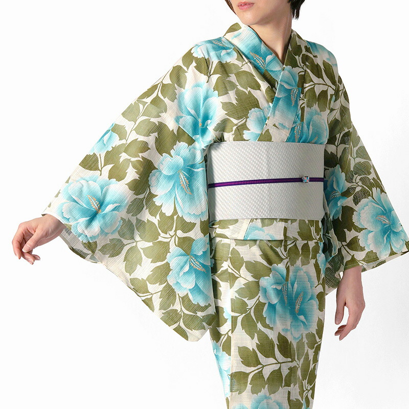 【20%OFFクーポン対象】綿絽浴衣 単品 芙蓉 水色 ターコイズ 緑 オフ白 古典柄 モダン レトロ 花柄 レディース 30代 40代 50代 レトロ 女性用｜dear-japan 店