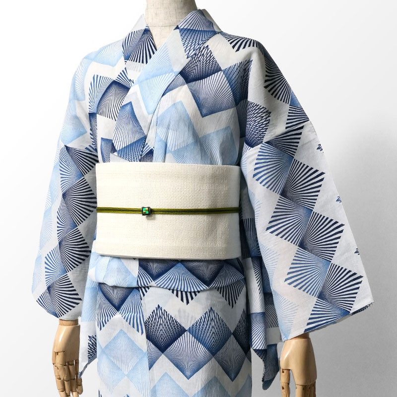ふるさと割 浴衣 美術サロン 近江ちぢみ 幾何学 菱形 白 青 水色 藍捺染 綿麻 レディース 古典柄 30代 40代 50代 シック レトロ 女性用 仕立上がり 単品 日本製 Fucoa Cl