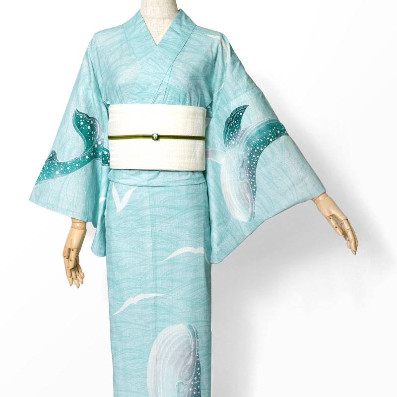 浴衣 絵羽 鯨 水色 綿紅梅 海 波 レディース 30代 40代 50代 木綿 洗える カッコイイ 個性的 レトロ モダン 女性用 仕立上がり 単品 夏着物