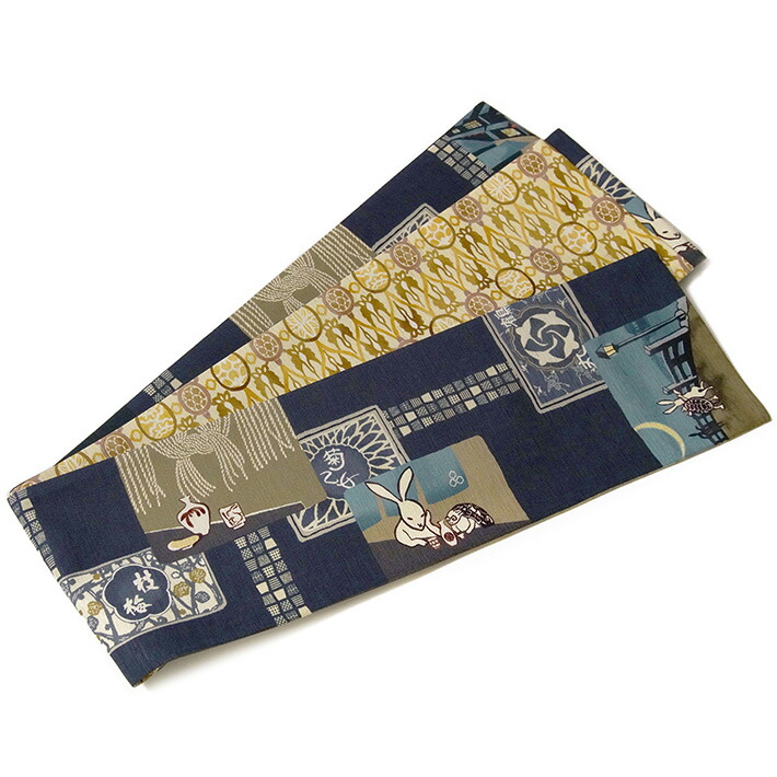 【MAX10000円OFFクーポン】半幅帯 WAKKA はしご酒 うさぎ かめ 鳥獣戯画 ネイビー 紺 お酒 居酒屋 浮世絵 アニマル 正絹 リバーシブル 長尺 変わり結び 兎 カメ